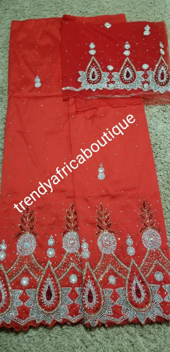 Clearance: RED Nigerian VIP hand stoned silk George wrapper. 5yrd + 1.8yrds matching net blouse. Igbo/Nigerian Wrapper
