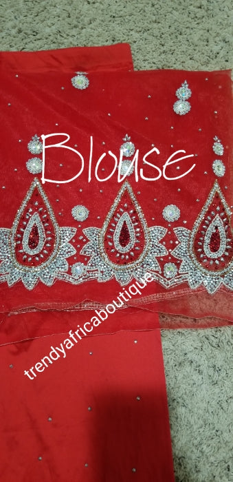 Clearance: RED Nigerian VIP hand stoned silk George wrapper. 5yrd + 1 ...