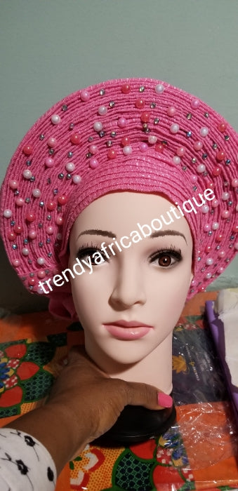 Pink Auto-gele. Nigerian aso-oke made into auto gele. Silver color, beaded and stoned. Party ready in less than 5 minutes. One size fit, easy adjustment at the back