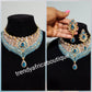 Top quality 22k electroplated Indian costume Jewelry set. 2pc set in choker and drop earrings. Turquoise blue/silver dazzling crystal stones.
