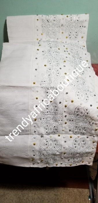 Clearance Nigerian woven cotton Aso-oke for making Gele. Latest Bedazzled Aso-oke design for special occasion. Pure white/White aso-oke is sold as Gele only and price is for one gele