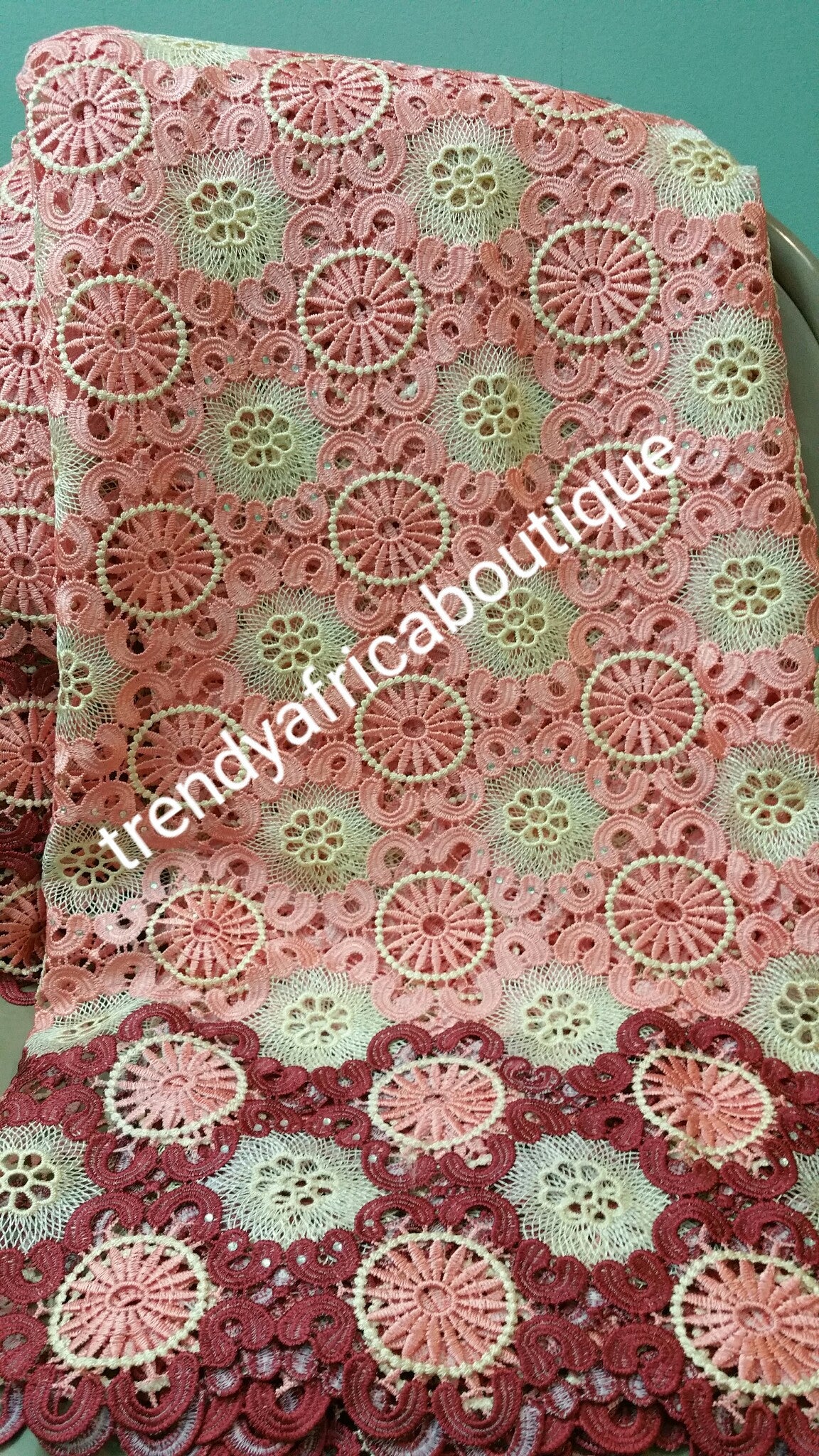Clearance: high quality Grade of Cord-lace fabric for Nigerian Party dress. Peach/Wine/Cream.  Sold per 5 yards. Guipure-lace for making Nigerian party dress