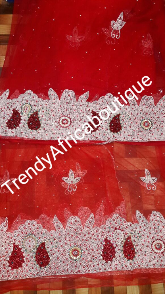 Heavily beaded net George wrapper. Red color net George for igbo/Nigerian tradional wedding/event