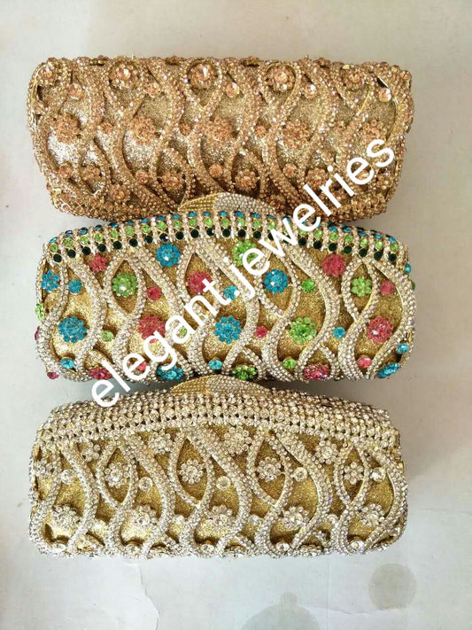 Clearance: Quality evening hand clutch. Crystal Clutch/purse. 8" long x 5" wide. All over dazzling crystal stones. Multi color stones