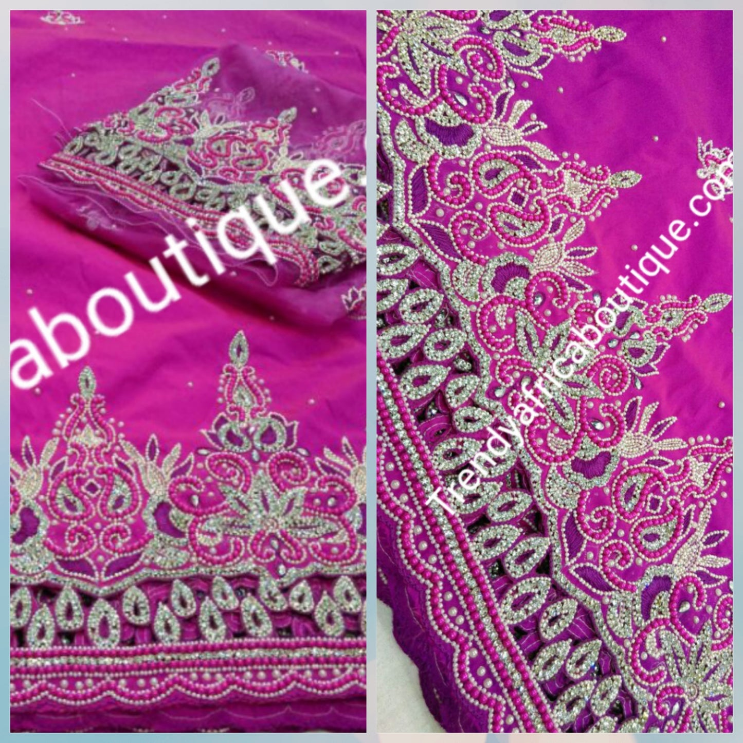 On sale: Heavily Beaded/stoned Igbo traditional  celebrant Silk George wrapper with matching net blouse. Fuchsia pink color