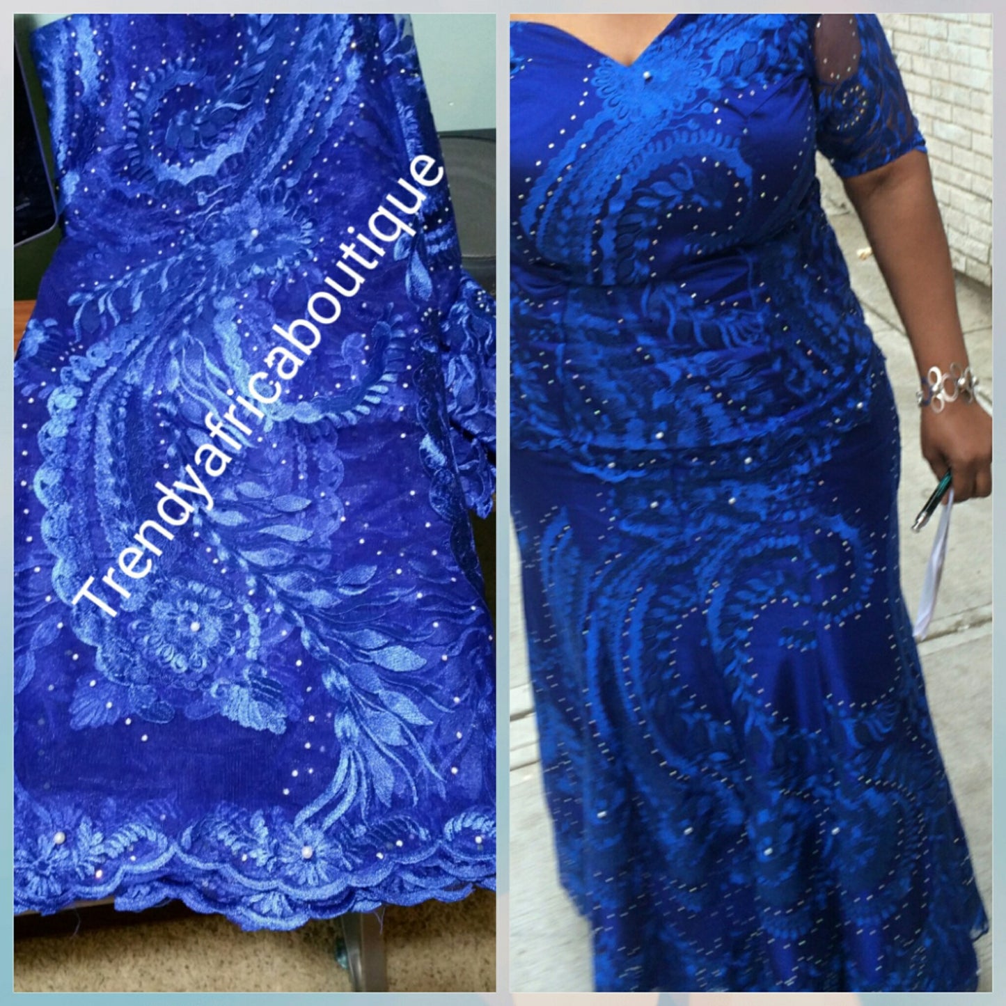 African french lace fabric in Royal blue. All over crystal stones. Nigerian lace fabric for making party dresses. Sold per 5yds.