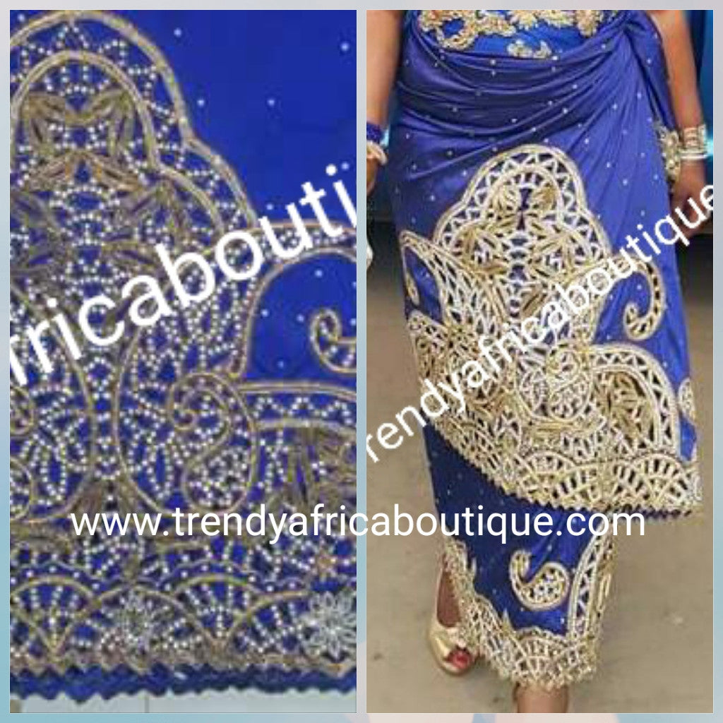 Royal blue Nigerian Traditonal wedding VIP George wrapper. Full hand stones work. Wrapper & matching blouse. Sold as a set