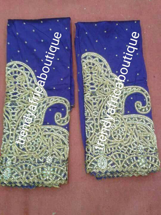 Royal blue Nigerian Traditonal wedding VIP George wrapper. Full hand stones work. Wrapper & matching blouse. Sold as a set