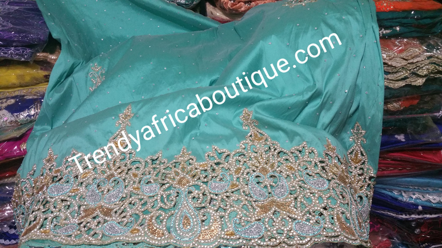 Aqua blue heavily hand Stoned Igbo/Nigerian women Celebrant George wrapper. 5 yards length. All over hand stones with hand cutwork stone border