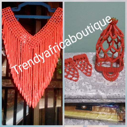 Back in Stock. Edo/African Bride: traditional Coral beads Bridal accessories set. 3pcs set of shawl, head piece and a pair of coral hand gloves. Coral-necklace