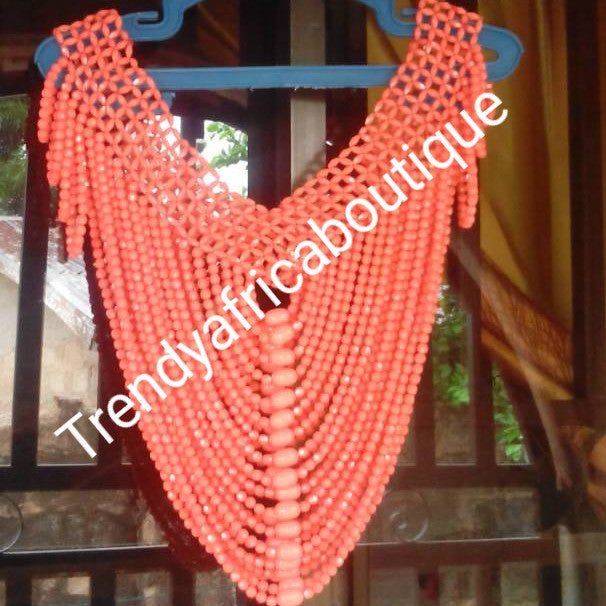 Nigerian Bride: coral beads Accessories for traditional wedding. 3pcs set of coral shawl, head piece and coral hand gloves. Coral-necklace