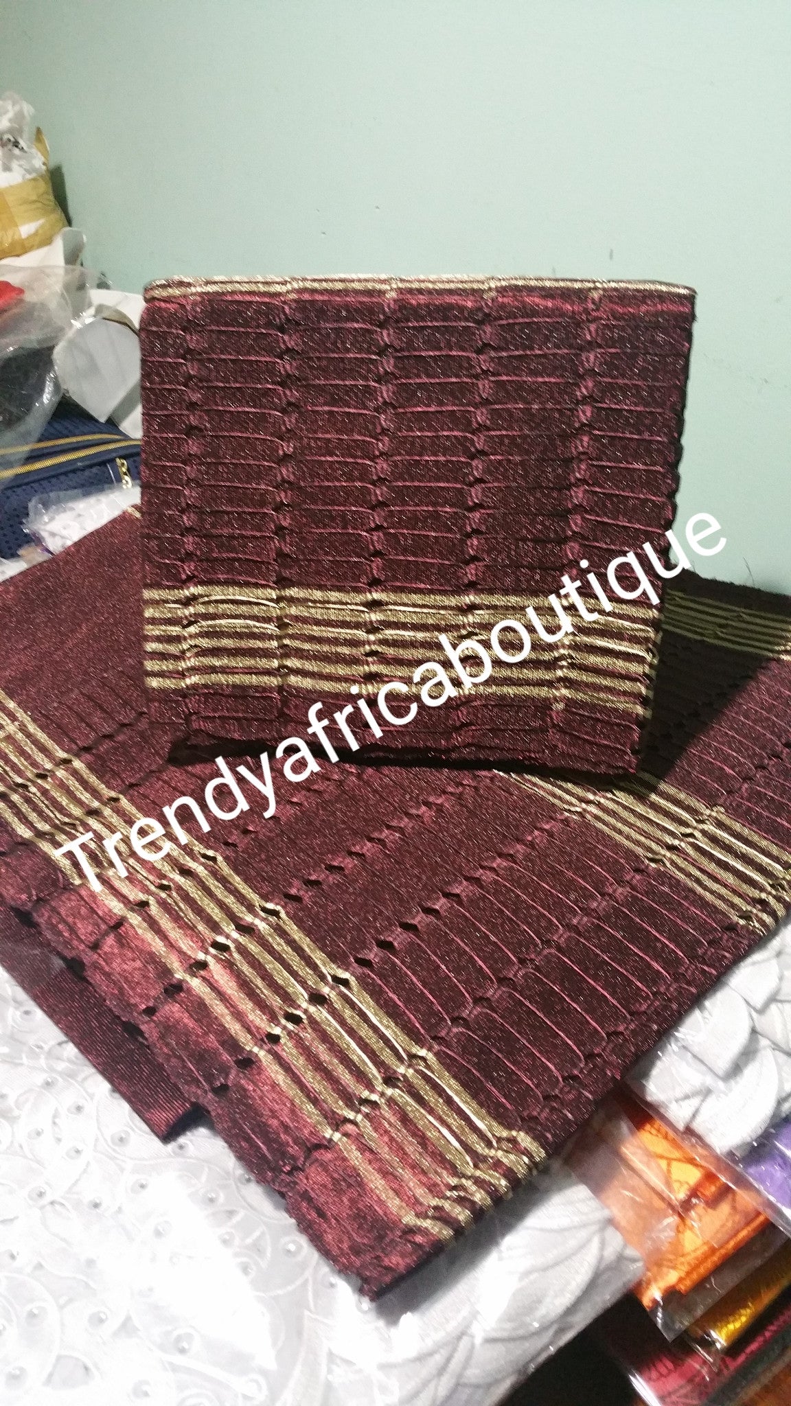 Chocolate/gold 3pcs set Nigerian traditional aso-oke gele set for Nigerian weddings/party. Sold as a set of for $110. Hot sale. Original quality from motherland