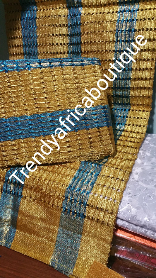 Gold/türkisblaues nigerianisches Aso-oke-Gele. Weben Sie Aso-Oke aus Nigeria, um wunderschöne Nigeria-Party-Kopfbinden herzustellen. Wahlweise Gele/Fila oder nur Gele