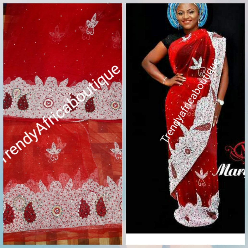 Heavily beaded net George wrapper. Red color net George for igbo/Niger ...