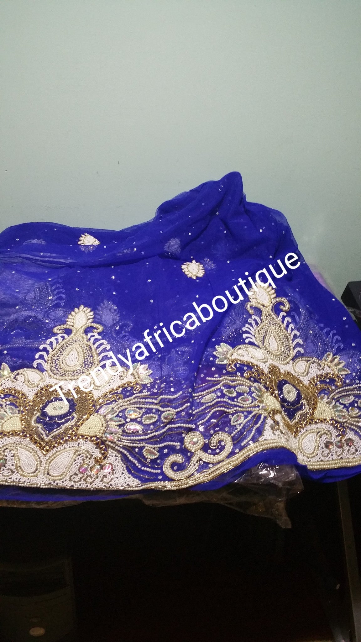 Clearance Sale: Royal blue VIP heavily Beaded and stones Net George wrapper for Nigerians/Igbo tradional wedding ceremony. Sold 6.5yds total