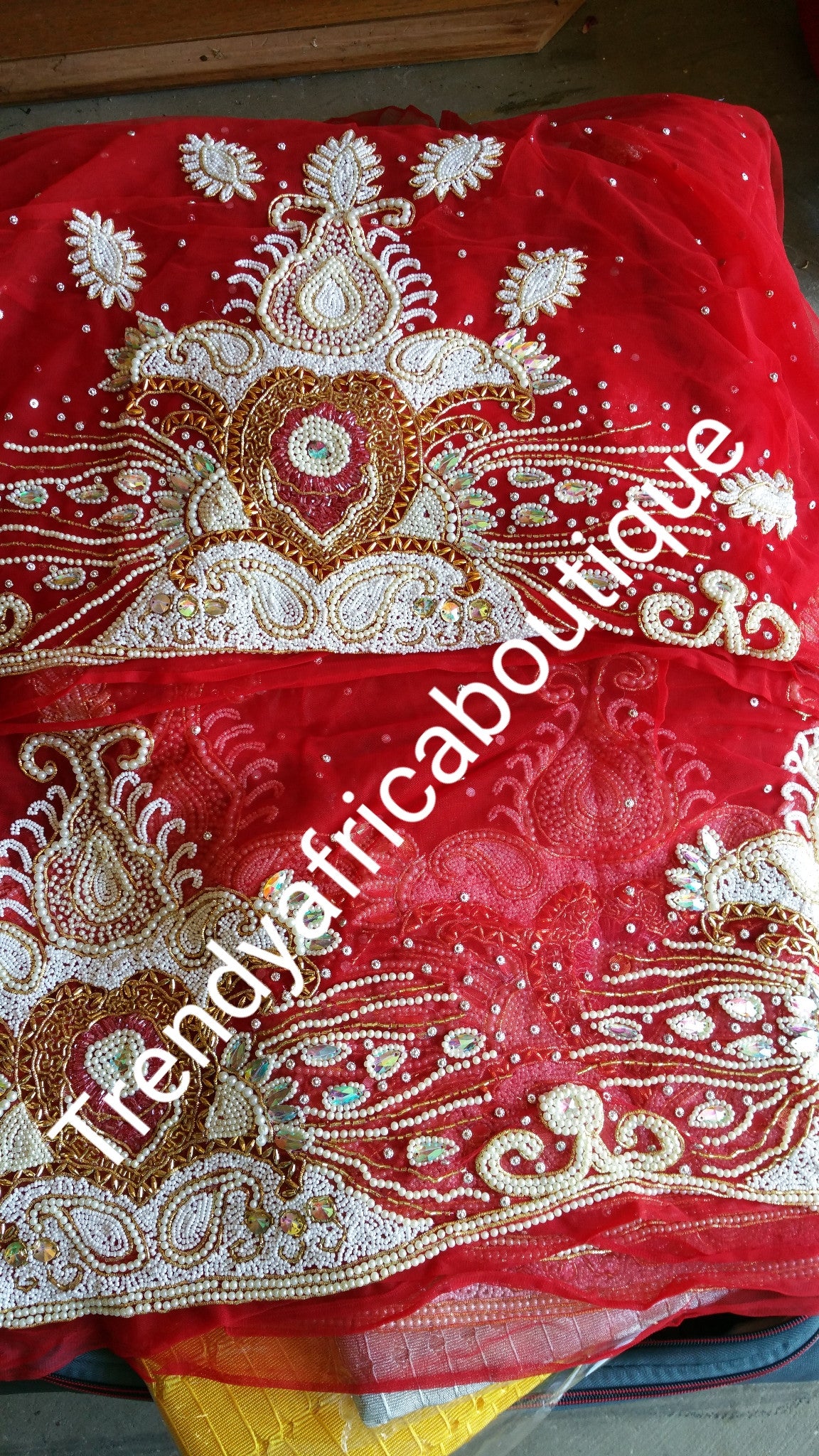 Clearance Sale:  RED VIP beaded/stoned madam Net George wrapper. Sold 6.5yds total. 5yds net wrapper & 1.5yds matching blouse