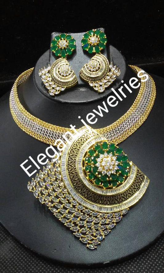 Clearance: 3pcs choker pendant set in 22k electroplating gold set. CZ stones in white and Green dazzling stones. Sold as a set