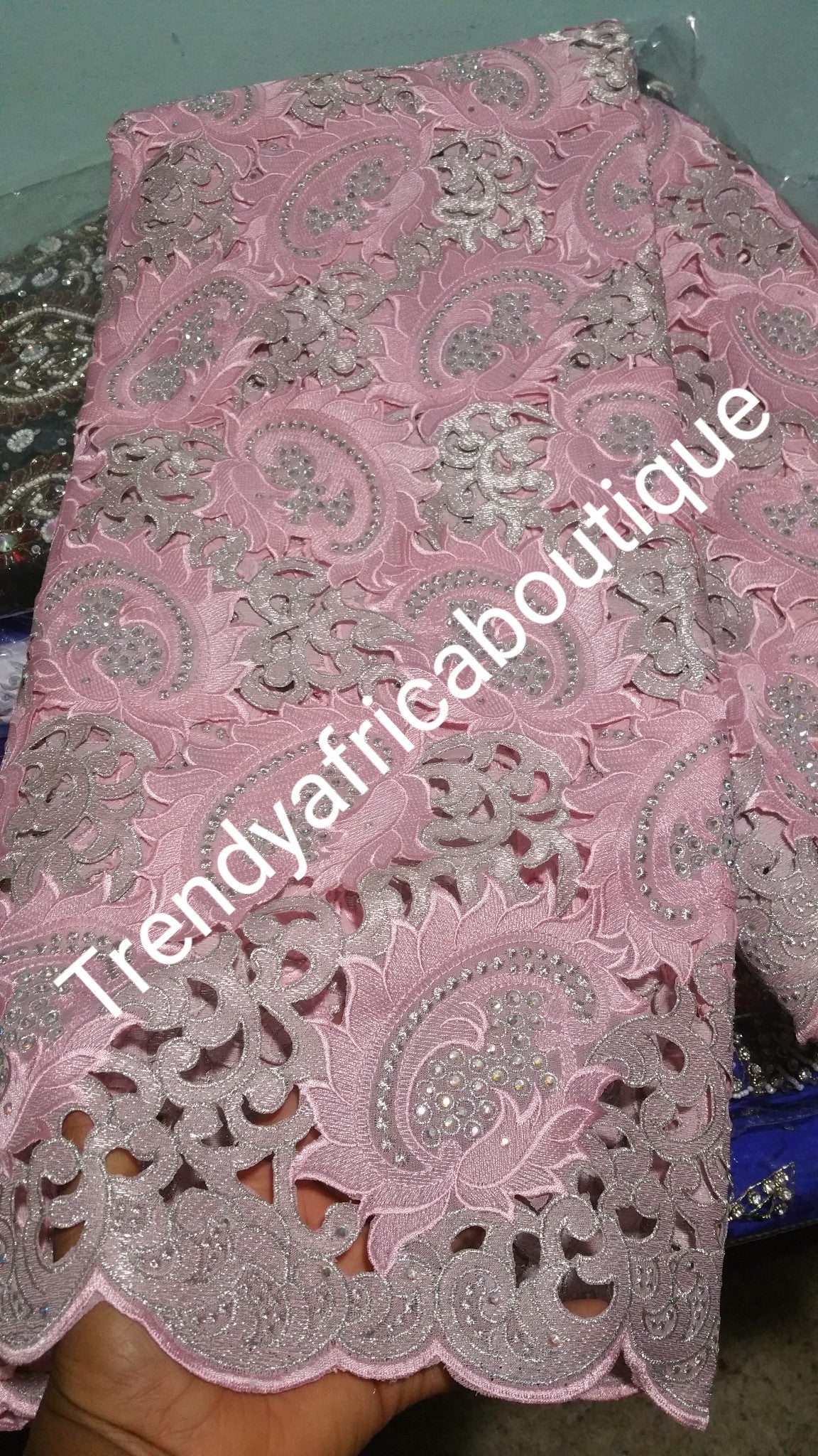 Baby pink swiss lace fabric. Handcuffs lace with crystal stones. Sold per 5yard lenght