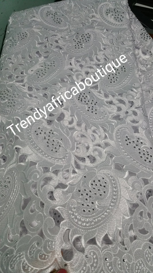 Big pure White/white hand cut swiss lace fabric. Sold per 5yds. Length. Celebrant white lace