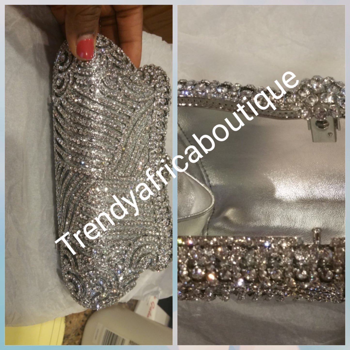 Crystal Clutch/purse sale. Red carpet evening clutch for chics/classic babe. Hand purse 7.5 long× 6" deep silver color