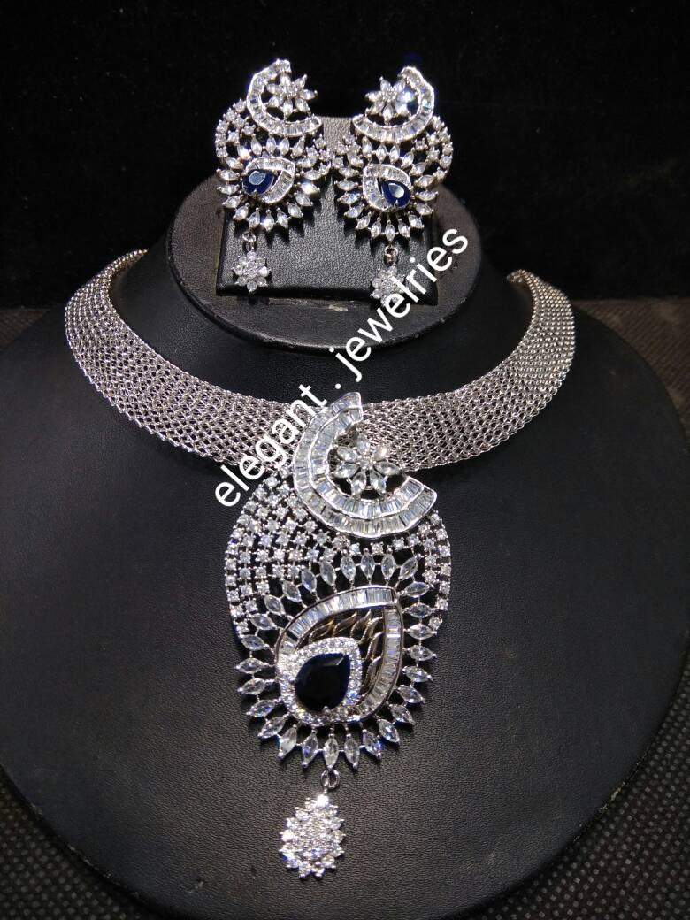 22k electroplated Silver set with CZ stones Jewelry set.  Silver choker/matching earrings. Sold as a set