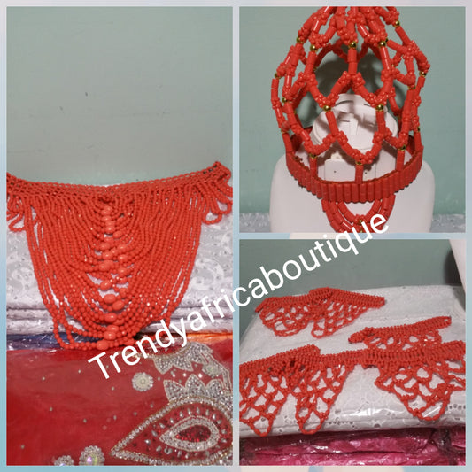 Nigerian Bride: coral beads Accessories for traditional wedding. 3pcs set of coral shawl, head piece and coral hand gloves. Coral-necklace