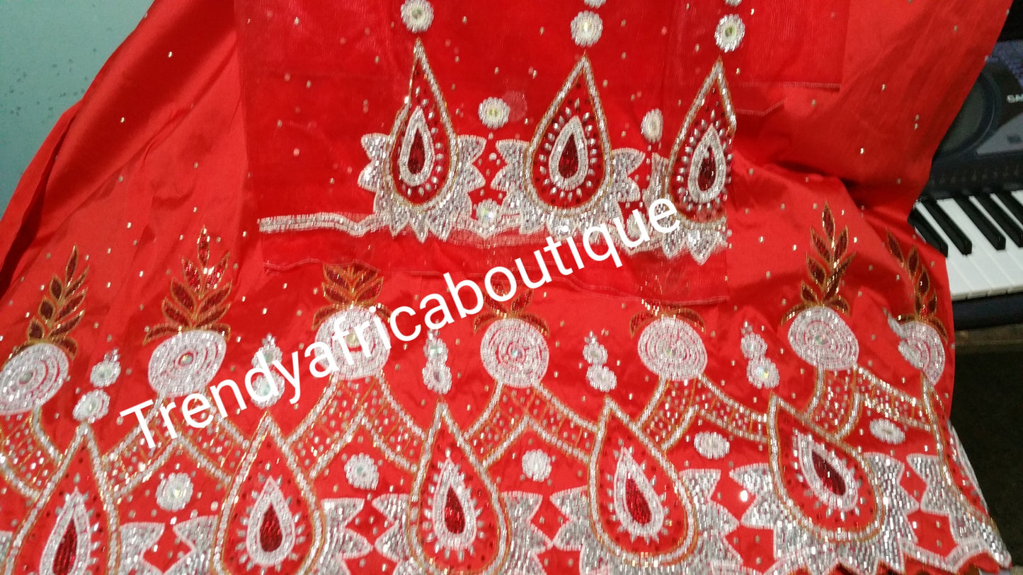 Clearance: RED Nigerian VIP hand stoned silk George wrapper. 5yrd + 1.8yrds matching net blouse. Igbo/Nigerian Wrapper