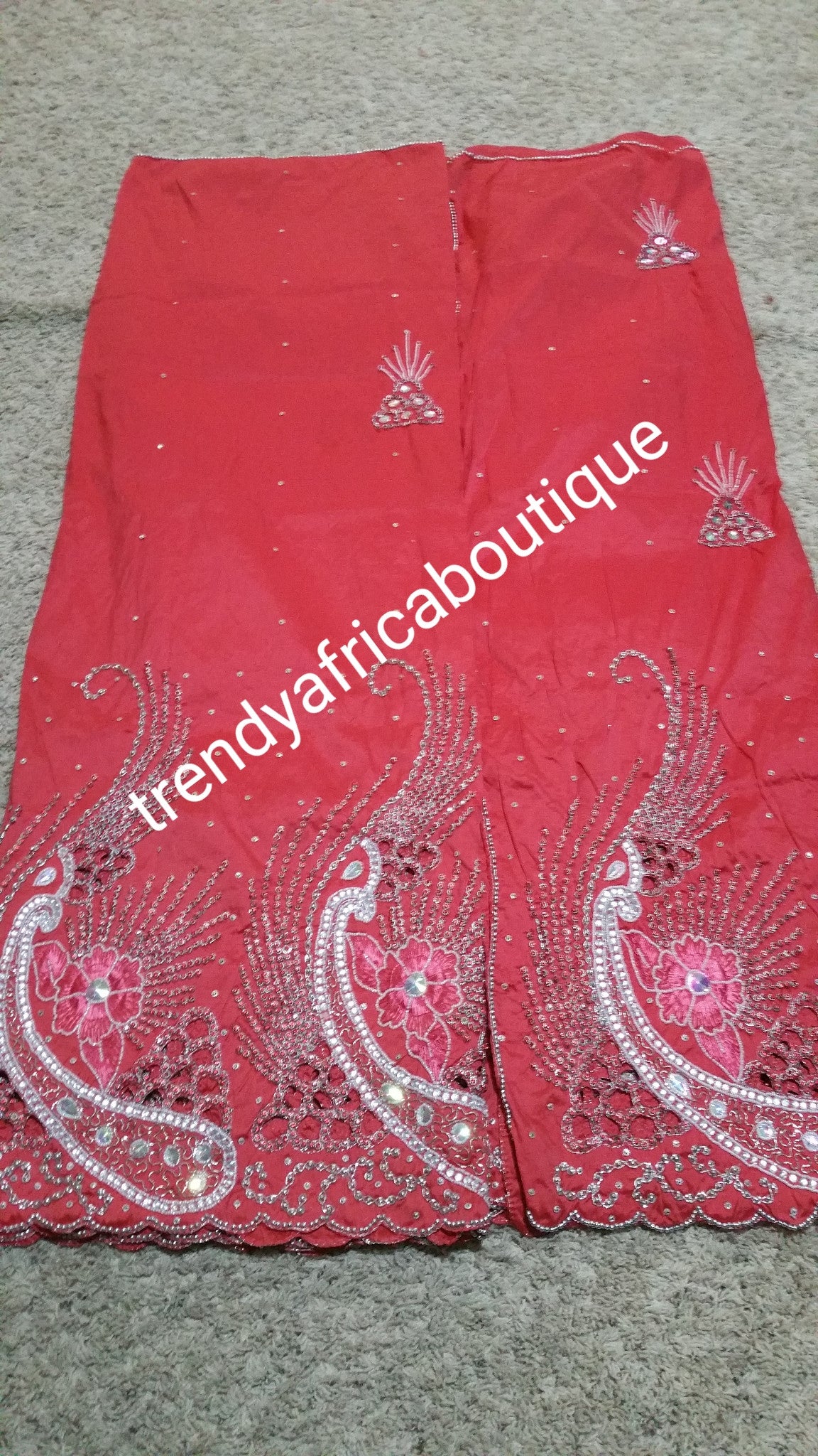 Clearance Sale: sweet Coral Nigerian  Hand Stoned George Wrapper with matching blouse. Coral color. Sold as a set of 5yds + 1.8yds matching blouse