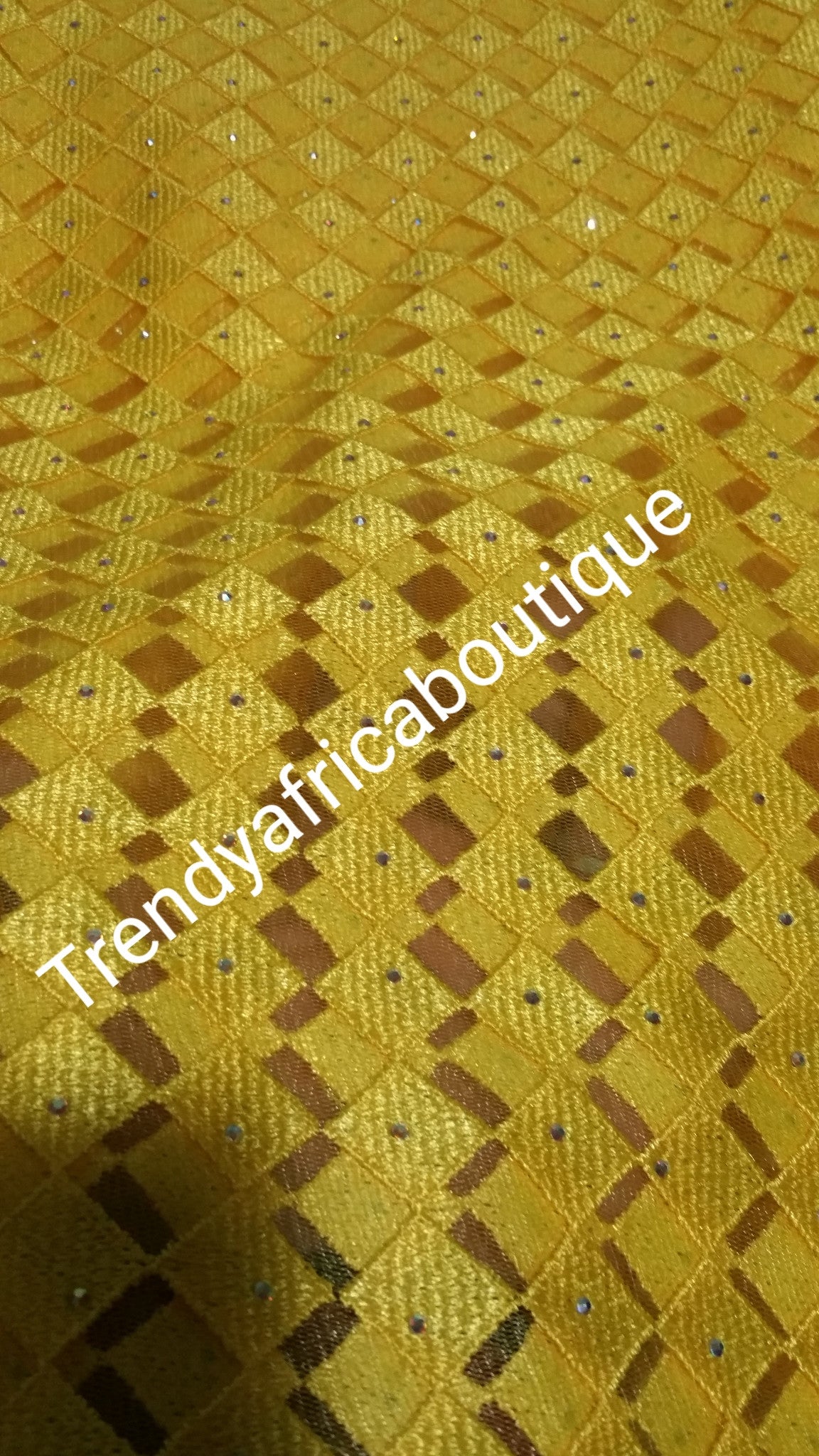 Clearance: African French lace fabric in verbrant yellow. All over crystals stones. Sold per 5 yards.