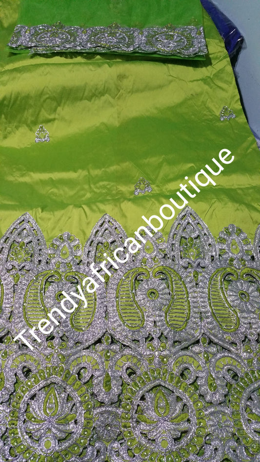 African Embroidery taffeta Silk George wrapper with matching blouse. Lemon green color. Small-George