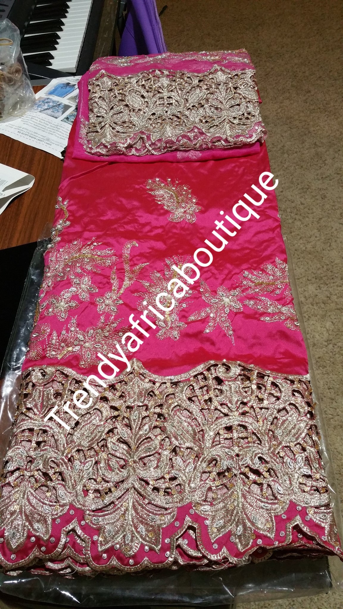 Special offer: Fuchsia pink Silk George wrapper. Embroidery/stones work combine. 5yds and 1.8yds matching blouse. Indian-George