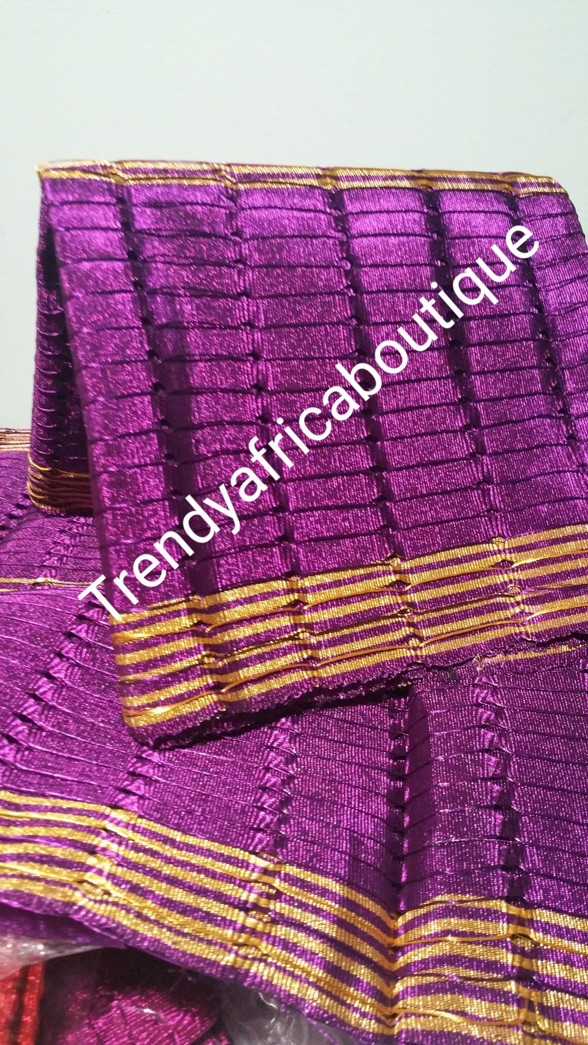 3 piece Purple/Gold Aso-oke Gele. Buy Gele only or buy the whole set