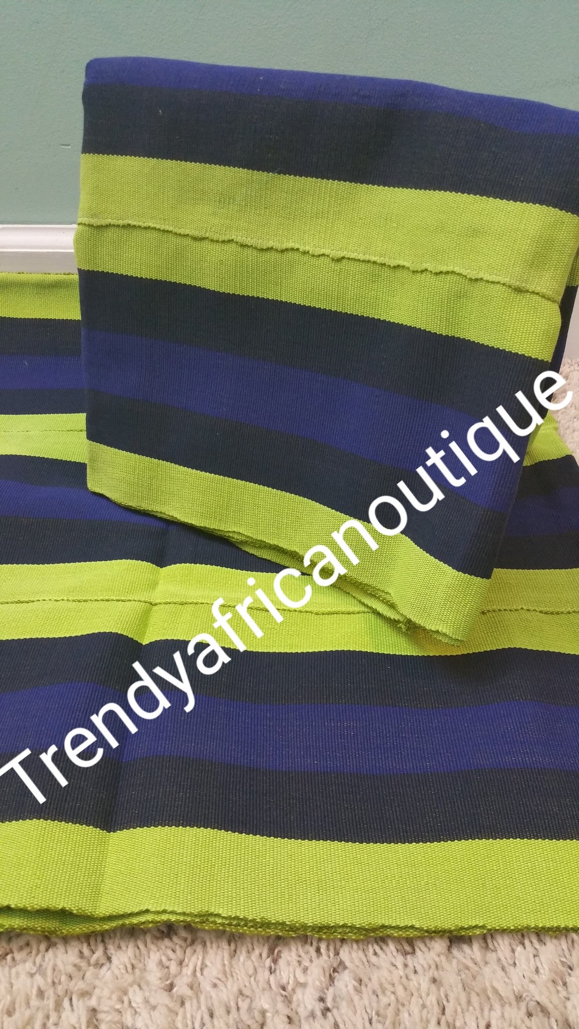 Original Nigerian Cotton Aso-oke gele. Lemon green/royal/navy blue Multi-color design. Easy to tie