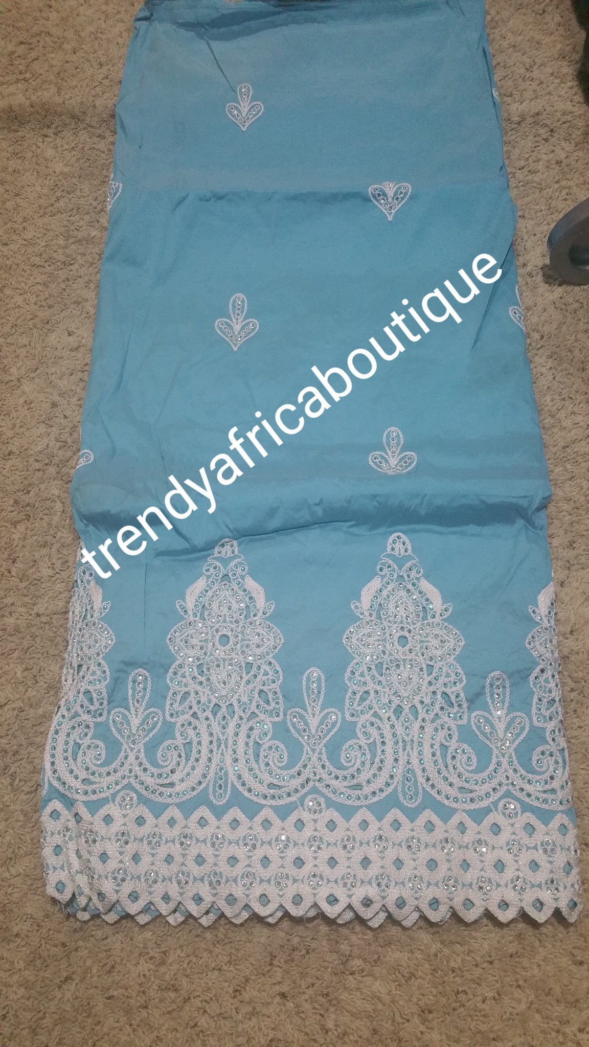 Sky Blue Embroidery and stones Silk George wrapper with matching blouse. Small-George for making African party dress. Original quality