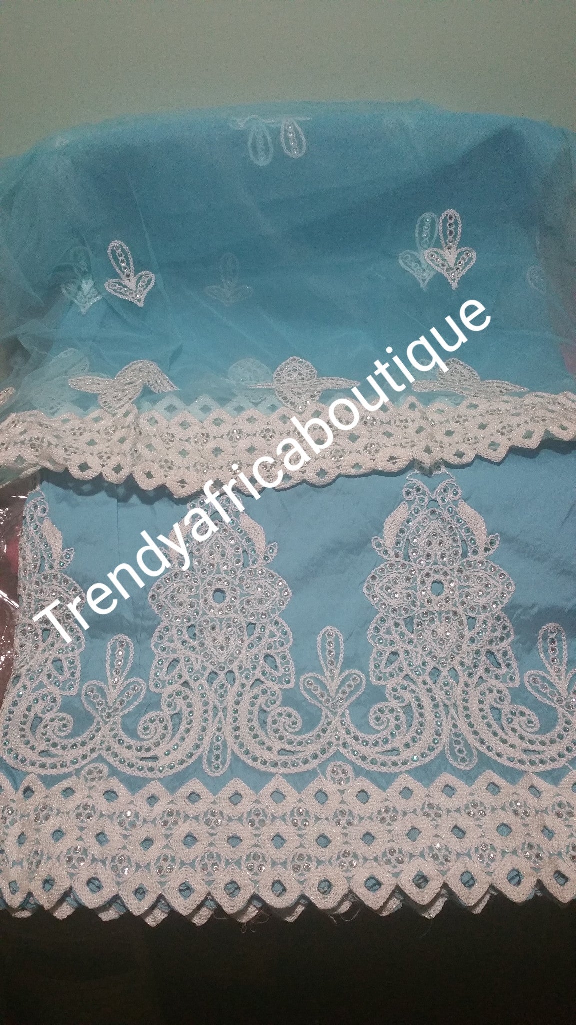Sky Blue Embroidery and stones Silk George wrapper with matching blouse. Small-George for making African party dress. Original quality