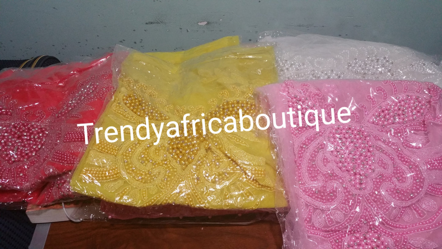 Assoted colors of heavily-beaded net for  making NIgerian women blouses. 1.8yds net and fully beaded for making blouse for party wrappers. 3 colors available in this design