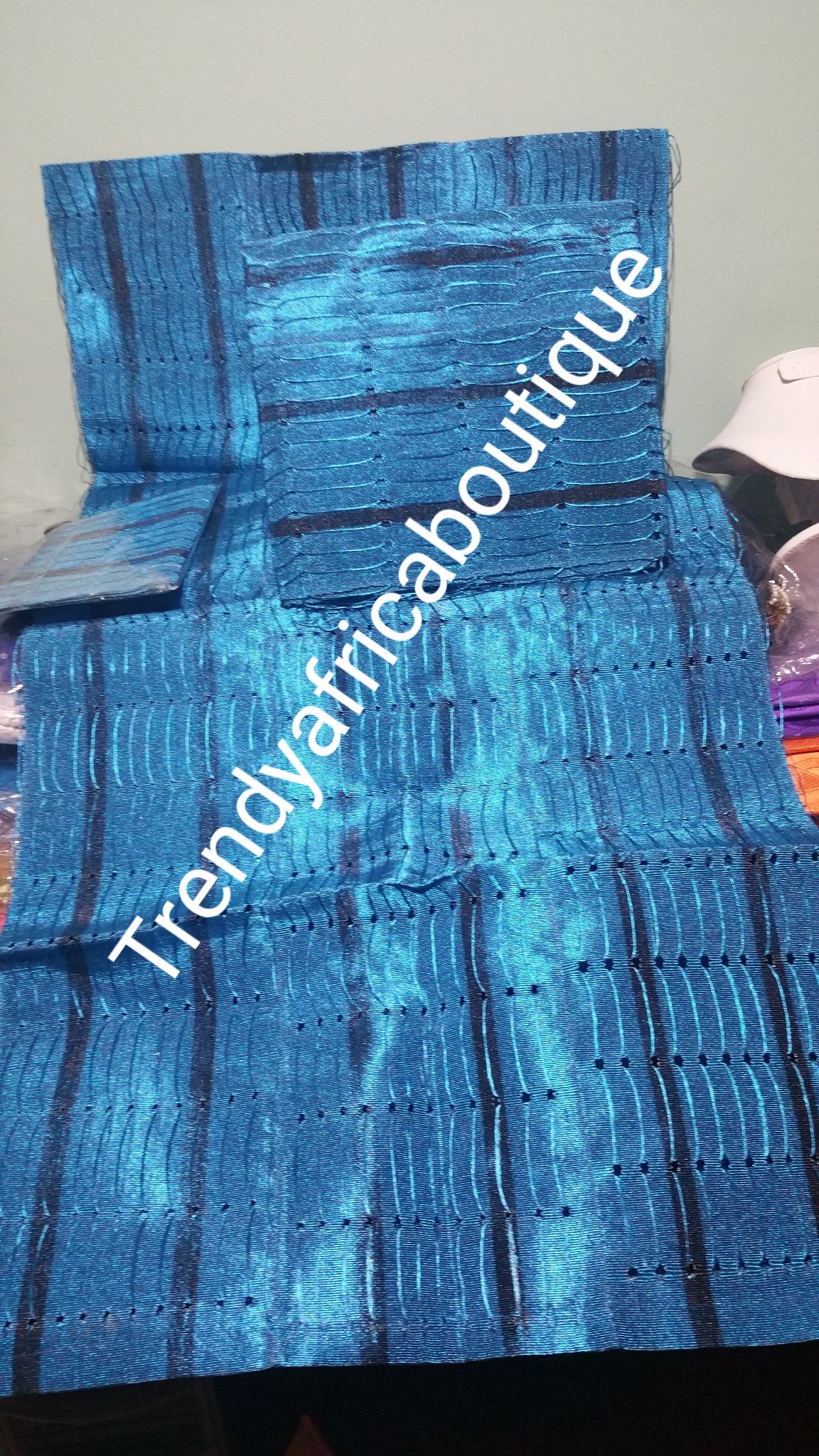 Turquoise blue/navy blue strips  Nigerian traditional aso-oke Gele/head tie for party wear. 3pcs set of gele/Ipele/cap piece