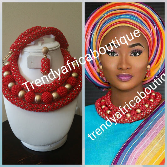 Red beaded coral-necklace set for Nigerian/African traditional wedding. 3pcs.Coral beaded necklace for Bride