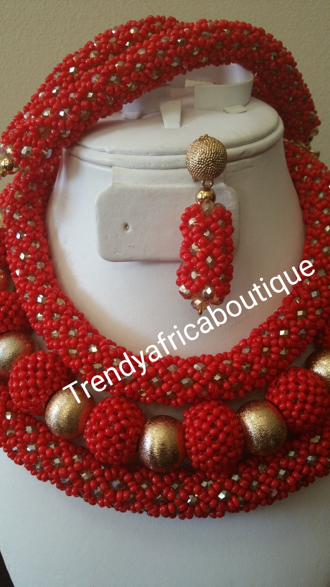 Red beaded coral-necklace set for Nigerian/African traditional wedding. 3pcs.Coral beaded necklace for Bride