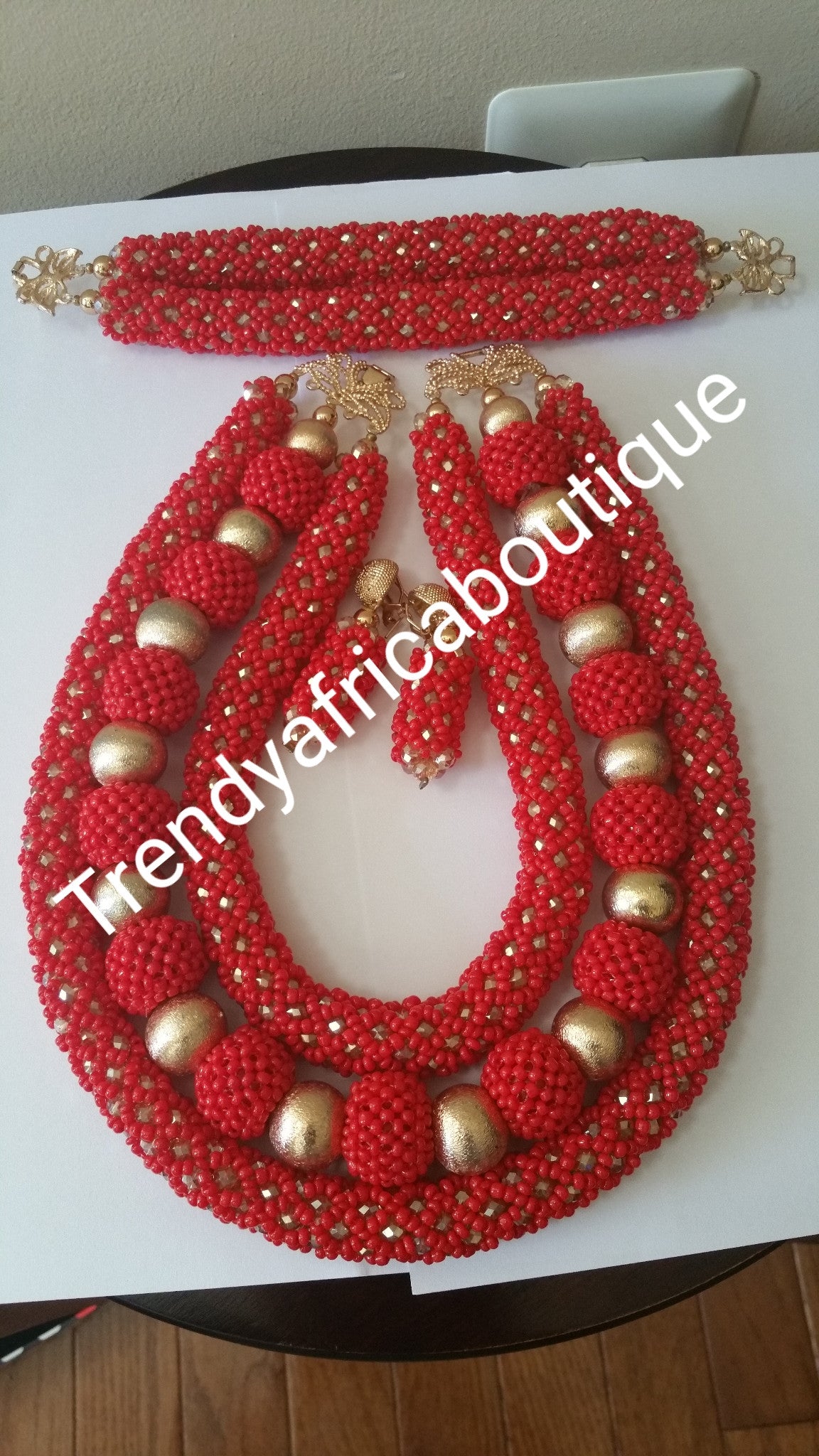 Red beaded coral-necklace set for Nigerian/African traditional wedding. 3pcs.Coral beaded necklace for Bride