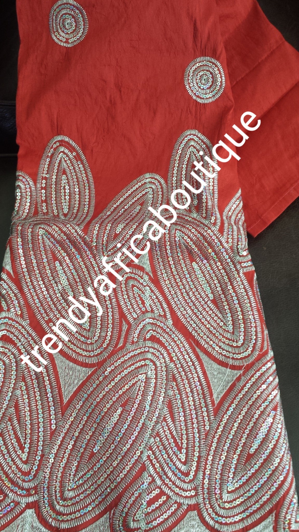 Clearance:  Red fancy Embroidery silk Indian-George wrapper with sequence. Fancy Indian George use for Nigerian party dresses. Small-George Sold 5yards each