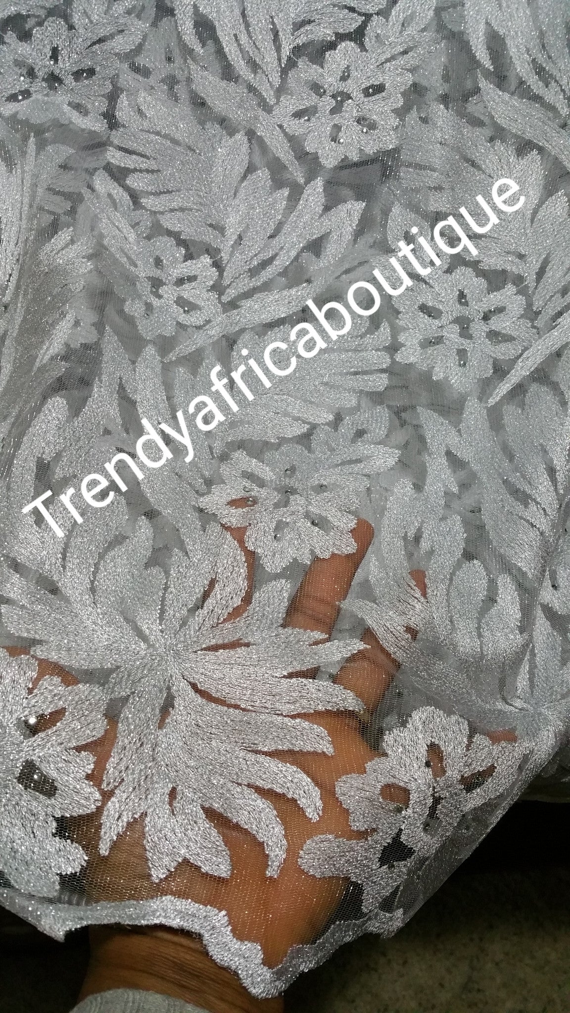 White tulle French lace fabric for making African party dress. Sold per 5yds. Price is for 5yds