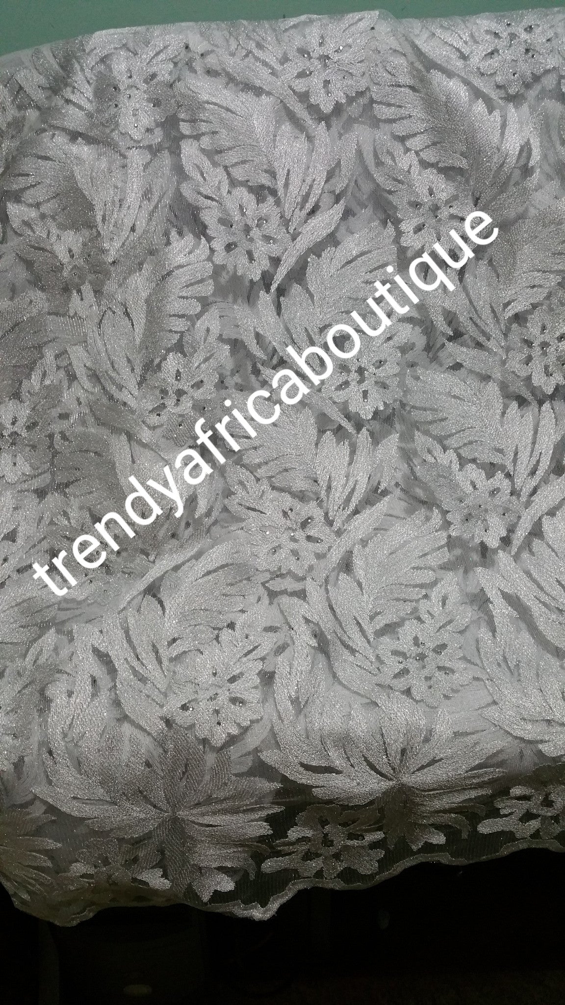 White tulle French lace fabric for making African party dress. Sold per 5yds. Price is for 5yds