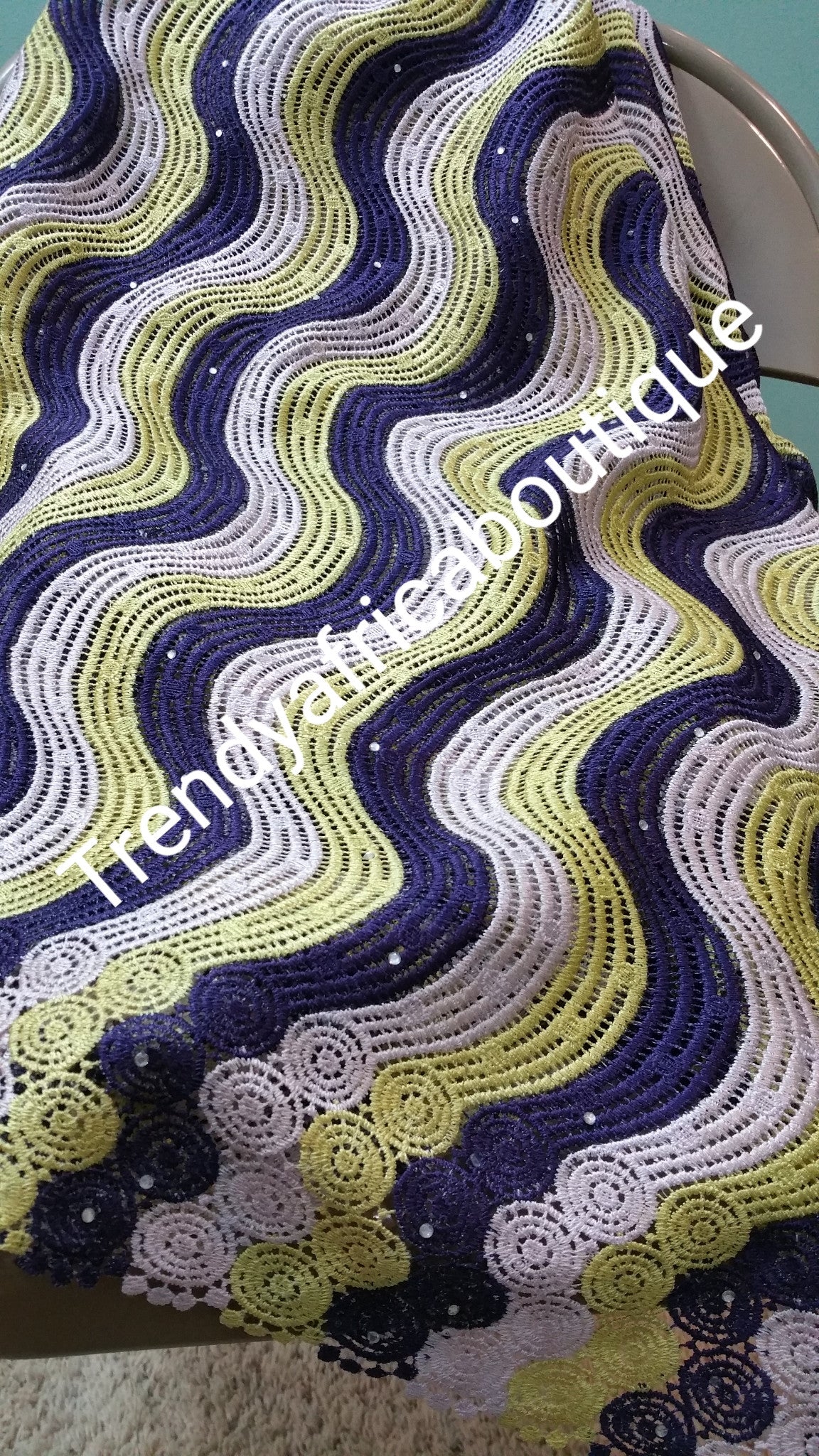 Navyblue/lemon/white cord-lace fabric for making Nigerian tradional native wear. Sold 5yds lenght