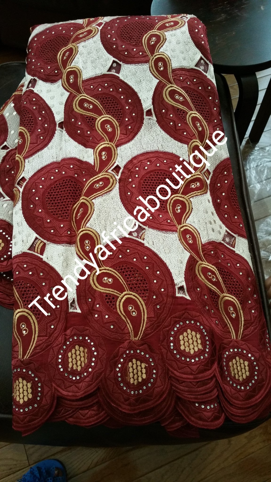 Maroon Red/Gold embroidery swiss voile lace fabric for making Nigerian traditional wedding dress