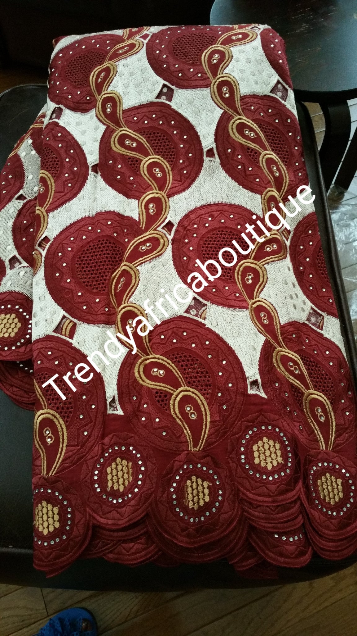 Maroon Red/Gold embroidery swiss voile lace fabric for making Nigerian traditional wedding dress