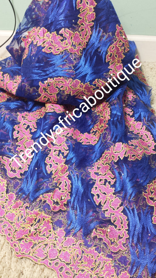 Royal blue /pink. French lace fabric for making African party dress. Sold as 5yds lenght.