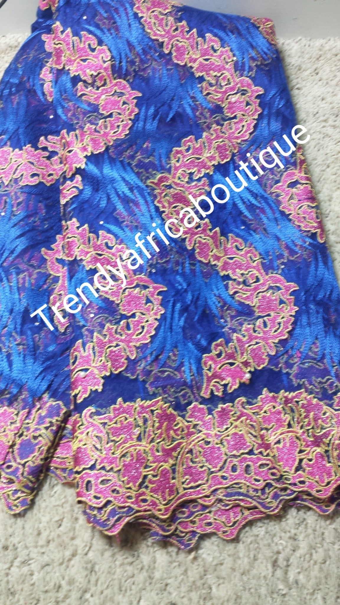 Royal blue /pink. French lace fabric for making African party dress. Sold as 5yds lenght.