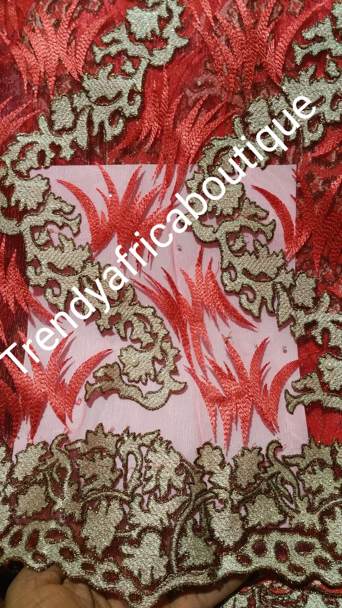 Beautiful Red/beige french lace fabric for making African/traditional native dresses for party. Sold per 5yds. Price is for 5yds.