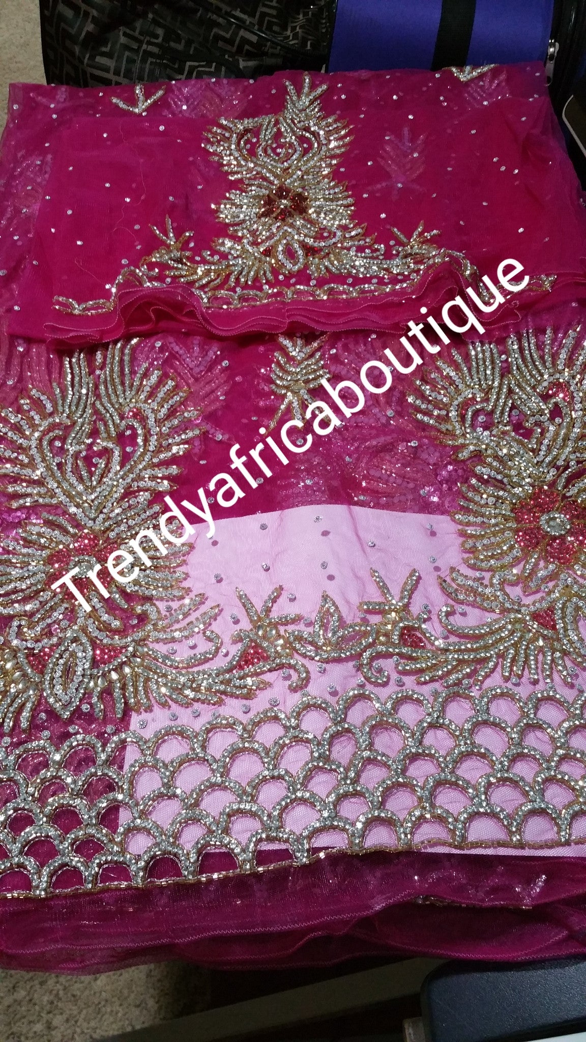 Fuschia pink Madam hand stoned Net George wrapper and matching blouse. Nigerian high society ceremony as wedding. Sold as set 6.5yds total